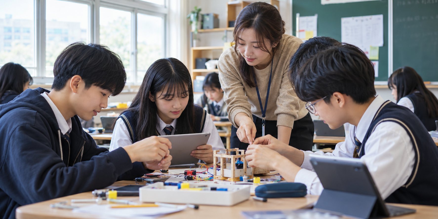 교실에서 학생들이 교구를 활용하는 교육 활동 연출 이미지