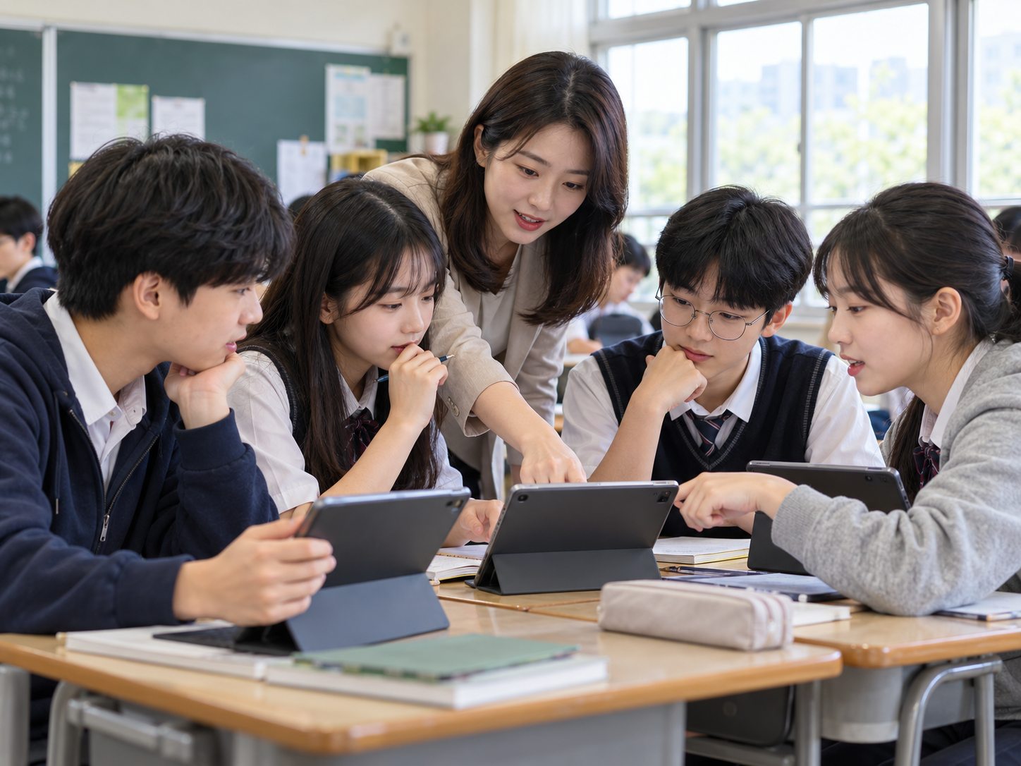 학생들이 태블릿으로 정보를 살펴보는 교육 활동 연출 이미지